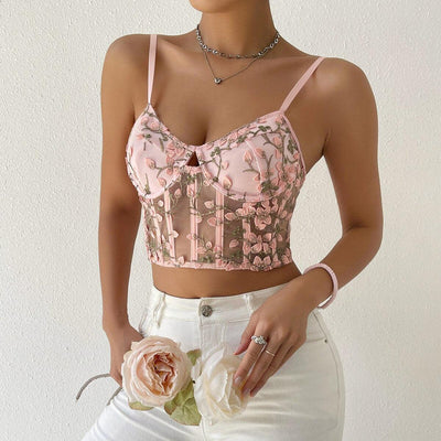 Hot Fashionista Bernadette Embroidery Floral Mesh Cami Top