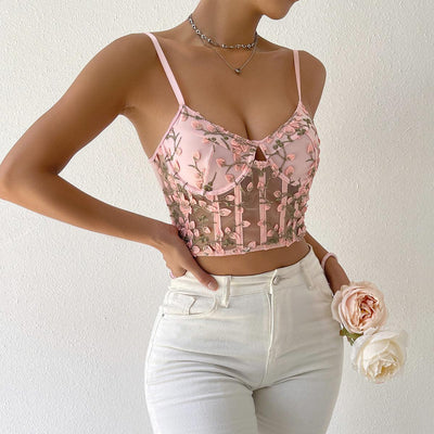 Hot Fashionista Bernadette Embroidery Floral Mesh Cami Top