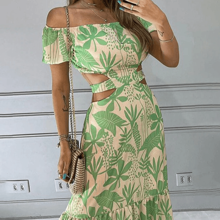 Hot Fashionista Bethany Off The Shoulder Ruffle Hem Printed Maxi Dress