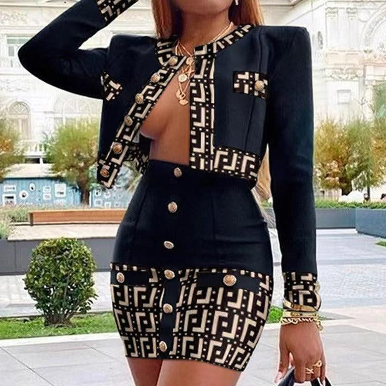 Hot Fashionista Casey Geometric Long Sleeve Skirt Sets