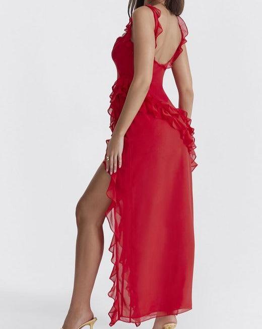 Hot Fashionista Delilah Asymmetrical Ruffle Cocktail Maxi Dress