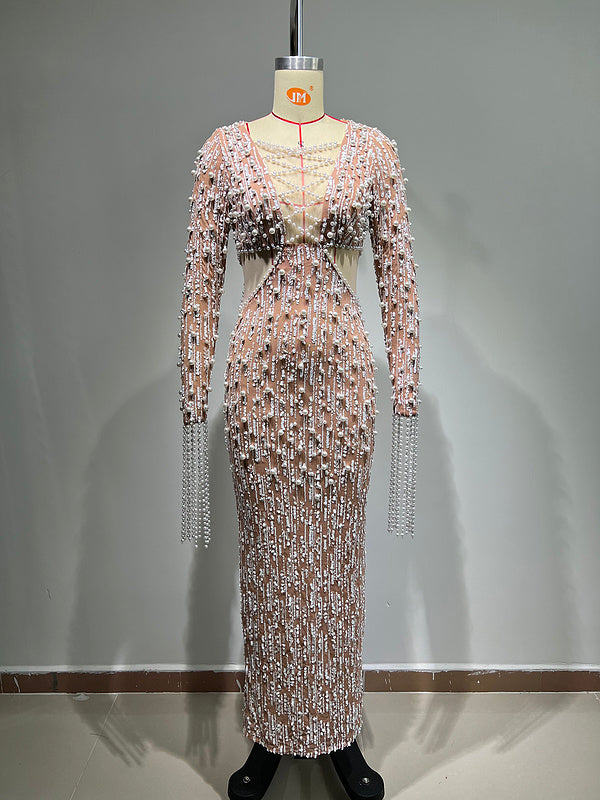Etienne Champagne Pearls Long sleeves Mermaid Dress - Hot fashionista