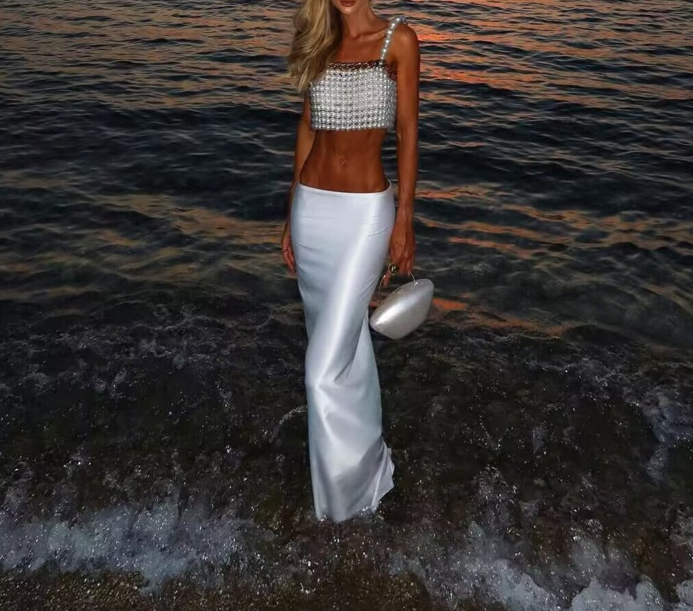 Abby Beaded Pearl Crop Top with White Silk Skirt - Hot fashionista