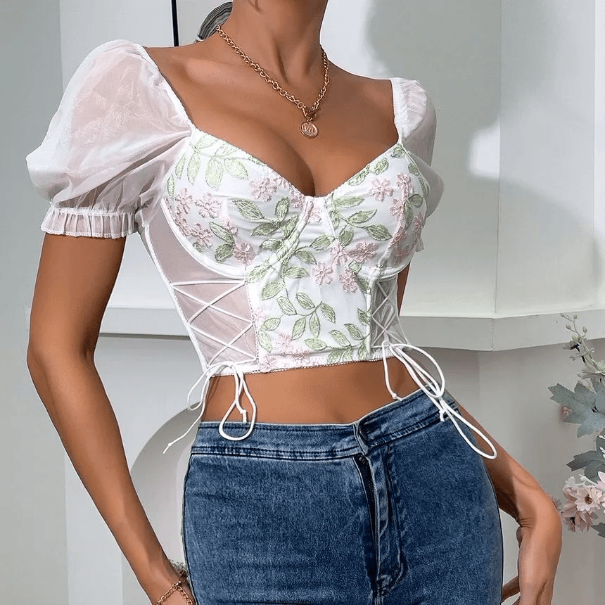 Hot Fashionista Ella Floral Embroidered Mesh Panel Crop Bustier Top