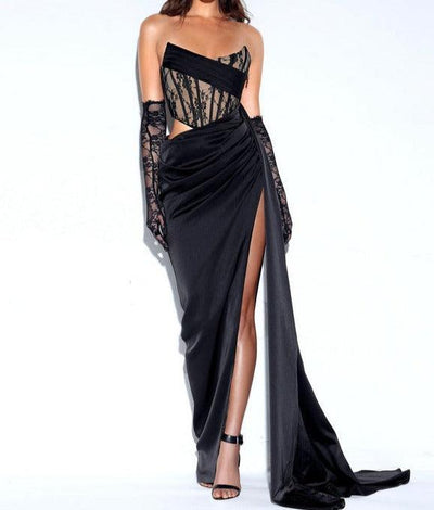 Ember Black Lace Satin Corset High Slit Gown - Hot fashionista
