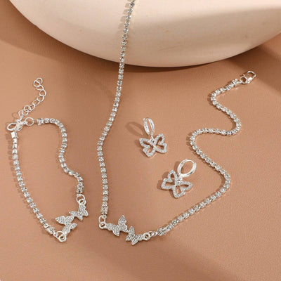 New Women's Fresh and Sweet Diamond Butterfly Necklace, Earrings, Bracelets, Light Luxury, High Grade, Shiny Silver Jewelry Set - Hot fashionista