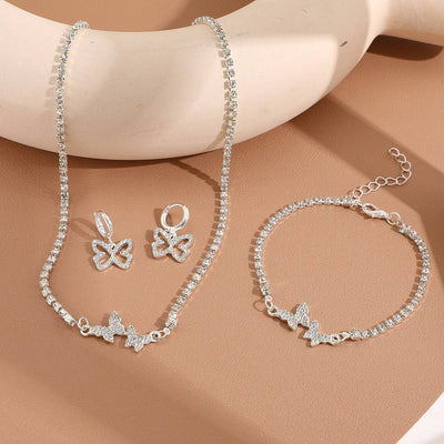 New Women's Fresh and Sweet Diamond Butterfly Necklace, Earrings, Bracelets, Light Luxury, High Grade, Shiny Silver Jewelry Set - Hot fashionista