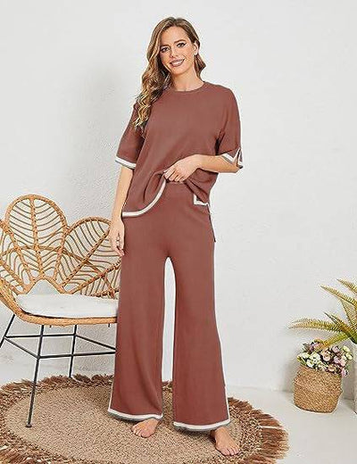 New summer knitted suit sweater suit short-sleeved pullover wide-leg pants - Hot fashionista