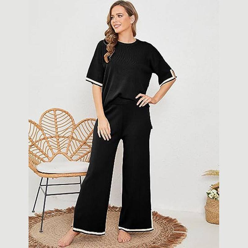 New summer knitted suit sweater suit short-sleeved pullover wide-leg pants - Hot fashionista