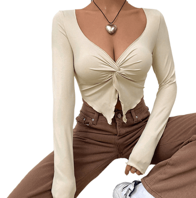 Slim fit V-neck twisted fashionable knitted sweater ultra short long sleeved top - Hot fashionista