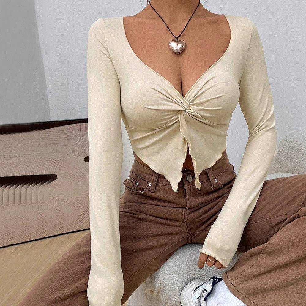 Slim fit V-neck twisted fashionable knitted sweater ultra short long sleeved top - Hot fashionista