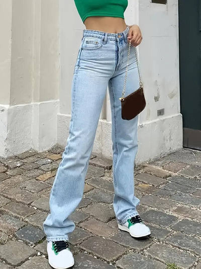 European and American women's jeans, high waisted slim fit straight leg denim pants, popular trend - Hot fashionista