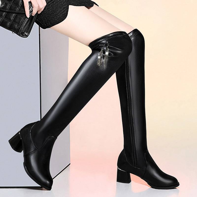 New large-sized soft leather knee length boots for women's autumn and winter thick leg elastic boots with high rise and slim long legs - Hot fashionista