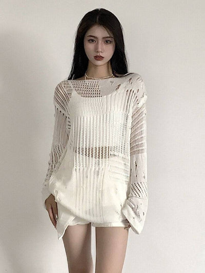 Hollow Out Knitting Sweaters For Women Round Neck Long Sleeve Casual Solid Loose Pullover Sweater Female Fashion - Hot fashionista