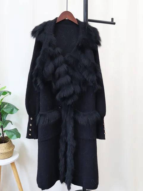Knitted Wool Cardigan Solid Color Spliced Fur Neck Loose Long coat - Hot fashionista