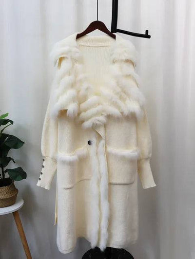 Knitted Wool Cardigan Solid Color Spliced Fur Neck Loose Long coat - Hot fashionista