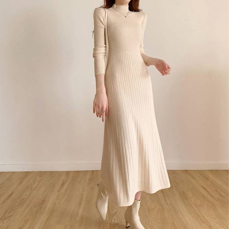 Mid length knee length sweater skirt with a half high collar and a bottom A-line knitted dress for women - Hot fashionista