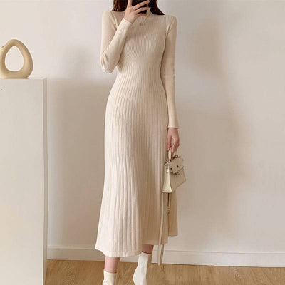 Mid length knee length sweater skirt with a half high collar and a bottom A-line knitted dress for women - Hot fashionista