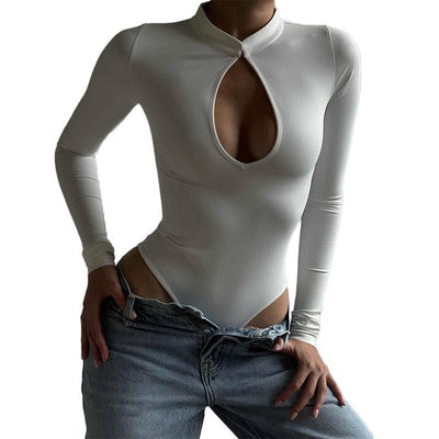 Autumn and Winter New Women's Fashion Stand Neck Sexy Low cut Slim Bodysuit Long Sleeve T-shirt - Hot fashionista