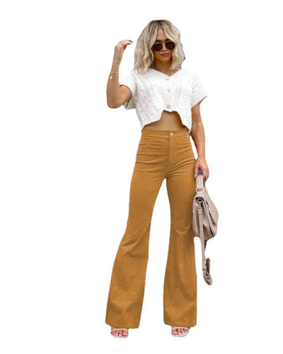 Autumn and Winter Women's Solid Color High Waist Slim Fit Micro Flare Pants Corduroy High Waist Casual Pants - Hot fashionista