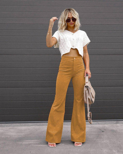 Autumn and Winter Women's Solid Color High Waist Slim Fit Micro Flare Pants Corduroy High Waist Casual Pants - Hot fashionista