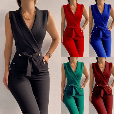 Button up V-neck sleeveless slim fit jumpsuit - Hot fashionista