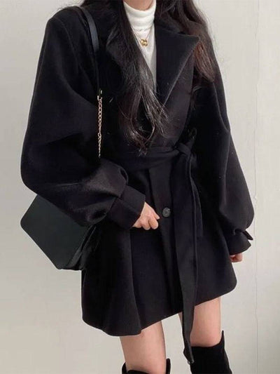 Hepburn style waistband woolen coat for women's autumn and winter lace up woolen coat - Hot fashionista