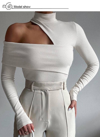 Knitted Turtleneck Long Sleeve Top Hollow Out White Sexy Club T Shirt Women Slim Skinny Tee Lady Sexy Club Party Body Top - Hot fashionista