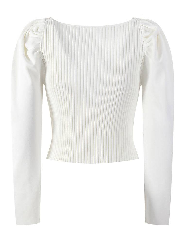 Slim White Sweater For Women Square Collar Long Sleeve Patchwork Diamonds Solid Knitting Pullover Female Clothing - Hot fashionista
