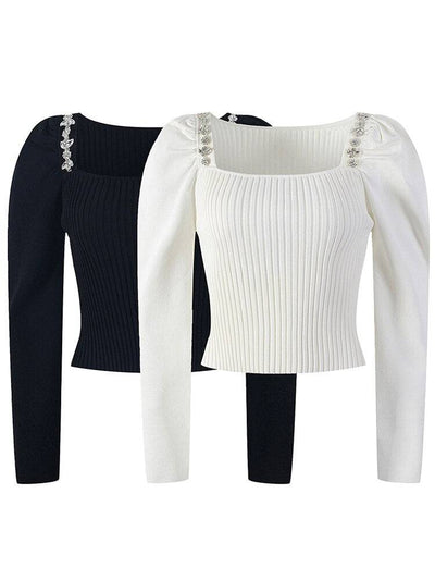 Slim White Sweater For Women Square Collar Long Sleeve Patchwork Diamonds Solid Knitting Pullover Female Clothing - Hot fashionista