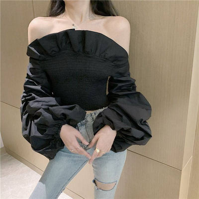 Womens Casual Off Shoulder Crop Top Blouse Strecth Long Sleeve Ruched Ruffles Slim Short Shirt - Hot fashionista