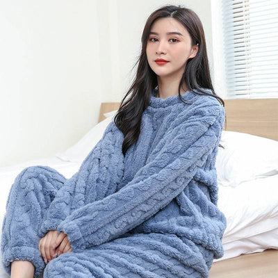 Coral velvet pajamas women's jacquard warm suit autumn and winter thickened plus velvet long sleeves with cuffs - Hot fashionista