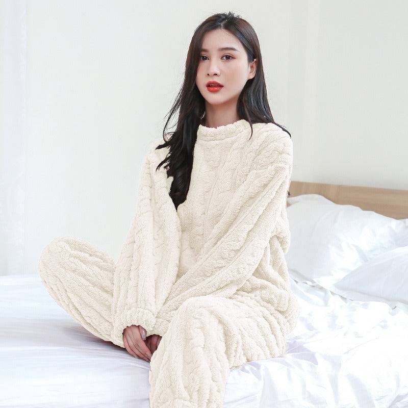 Coral velvet pajamas women's jacquard warm suit autumn and winter thickened plus velvet long sleeves with cuffs - Hot fashionista
