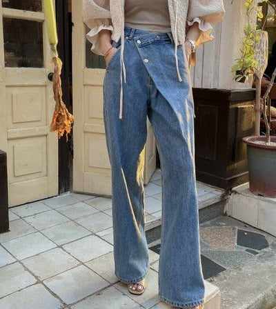 Handsome and personalized high waisted diagonal buckle washed loose straight leg jeans - Hot fashionista