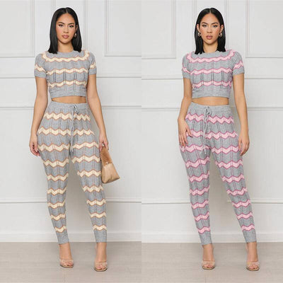 Women's Spring Color Matching Woolen Suit Wave Pattern Tight Knit Two-Piece Set - Hot fashionista