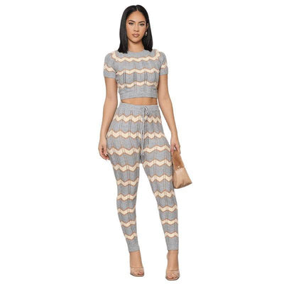 Women's Spring Color Matching Woolen Suit Wave Pattern Tight Knit Two-Piece Set