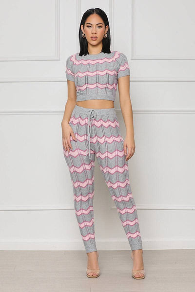 Women's Spring Color Matching Woolen Suit Wave Pattern Tight Knit Two-Piece Set - Hot fashionista