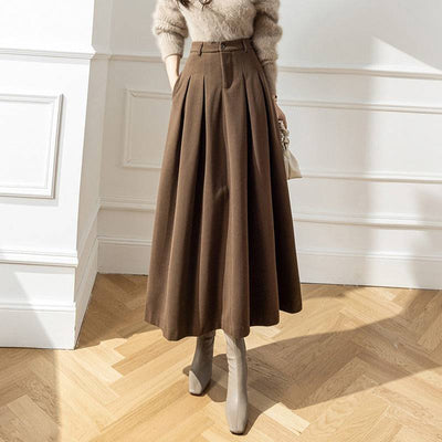 Long half length skirt for winter wear, new high waisted Korean version of woolen fabric with large pleats covering the hips, showing slimming woolen long skirt - Hot fashionista