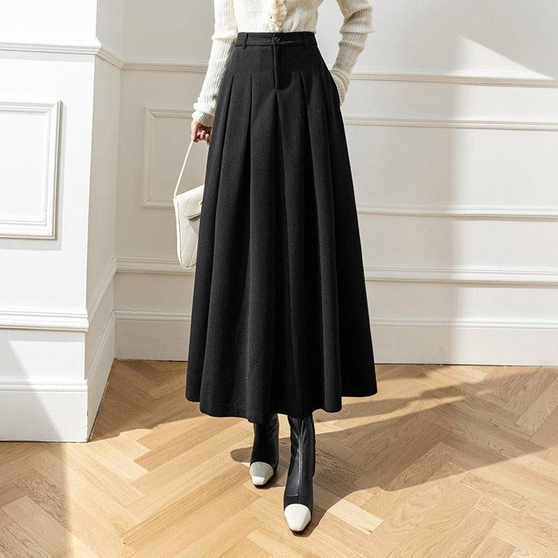 Long half length skirt for winter wear, new high waisted Korean version of woolen fabric with large pleats covering the hips, showing slimming woolen long skirt - Hot fashionista