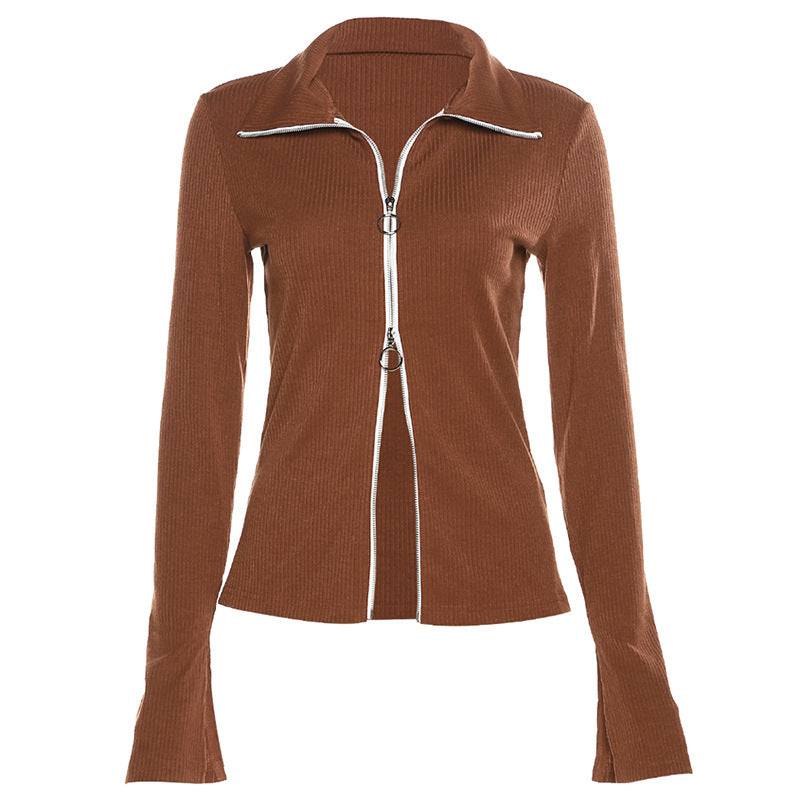 Winter New Women's Polo Long Sleeve Zip Cardigan Fashion Color Contrast Slim T-Shirt - Hot fashionista