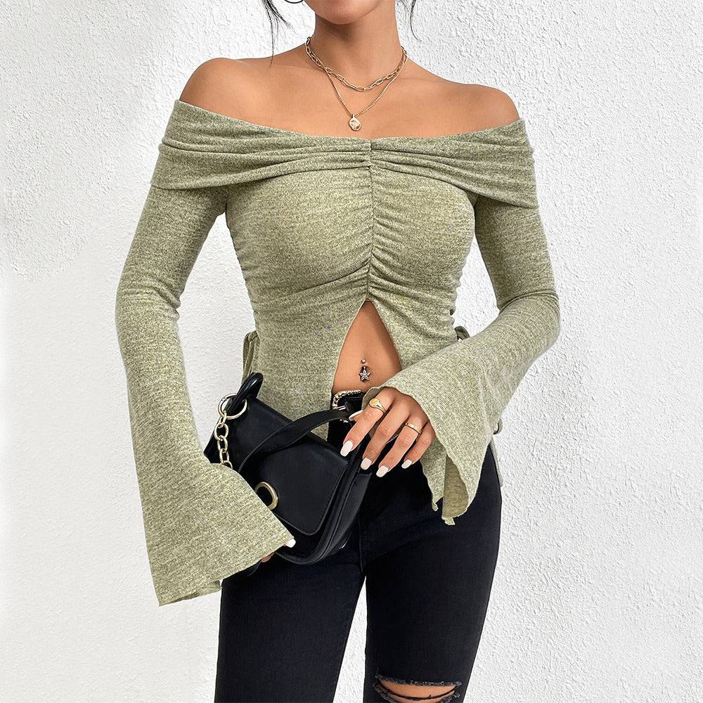 One line neckline split flared sleeve long sleeved knitted T-shirt top - Hot fashionista