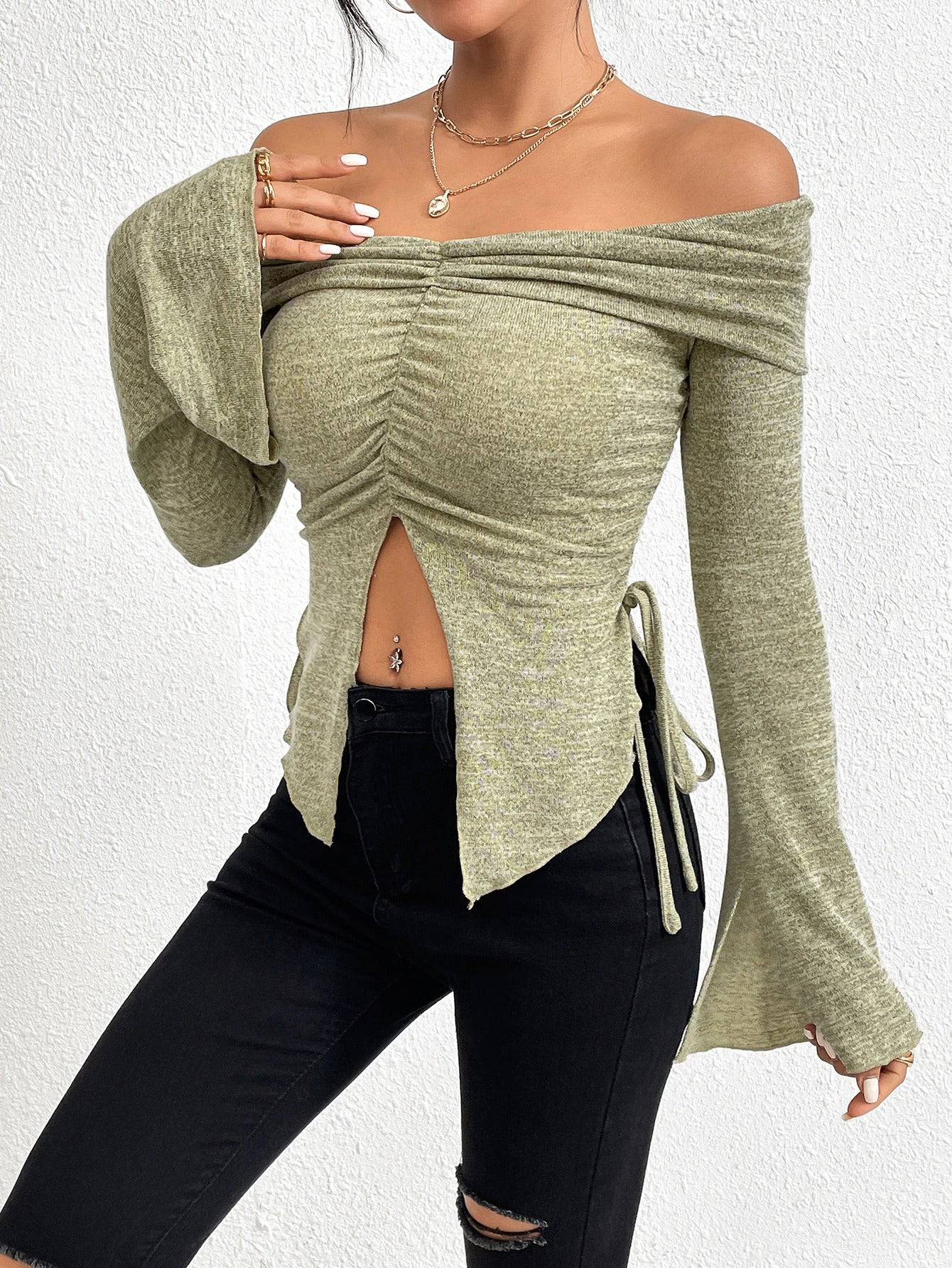 One line neckline split flared sleeve long sleeved knitted T-shirt top - Hot fashionista