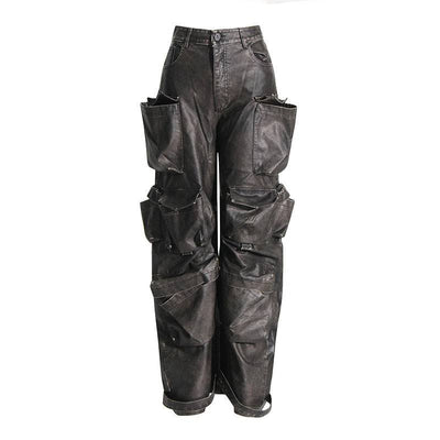 Old work style casual pants for autumn 2023, new design with patchwork pockets, high waisted wide leg leather pants for women - Hot fashionista
