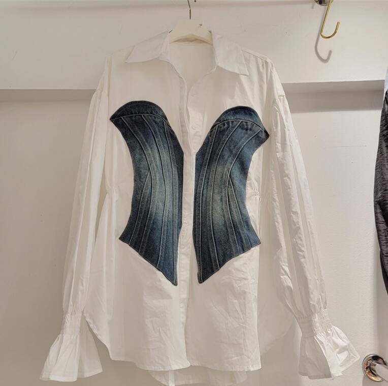 Colorblock Patchwork Denim Blouses For Women Lapel Long Sleeve Spliced Single Breasted Blouse Female Fashion New - Hot fashionista