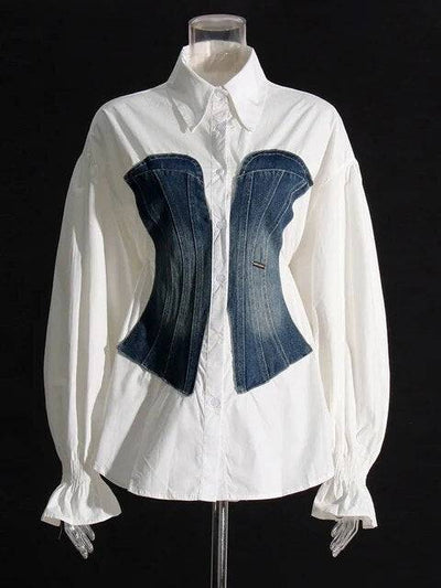 Colorblock Patchwork Denim Blouses For Women Lapel Long Sleeve Spliced Single Breasted Blouse Female Fashion New - Hot fashionista