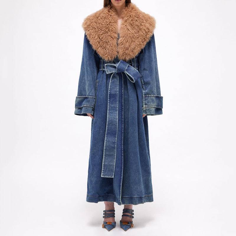 Denim Overcoat Fur Collar Belt Patchwork Pockets - Hot fashionista