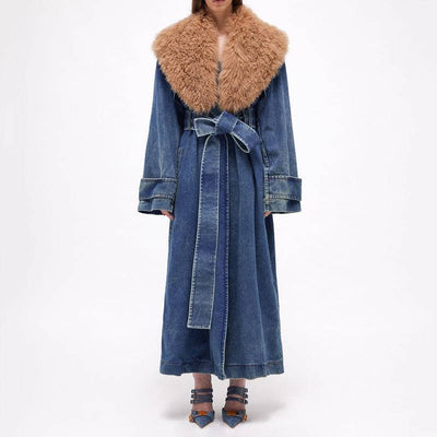 Denim Overcoat Fur Collar Belt Patchwork Pockets - Hot fashionista