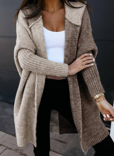Autumn/Winter Loose Color Block Knitted Cardigan Medium Long Solid Color Medium Long Hooded Sweater Coat - Hot fashionista