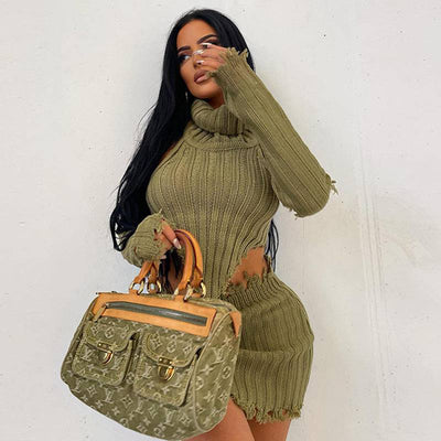 Solid Color High Neck Knitting Backless Sweater+Sexy Tight Bag Hip Skirt Two-Piece Set - Hot fashionista