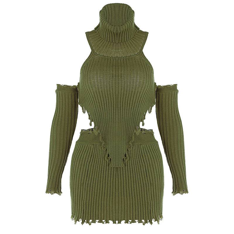 Solid Color High Neck Knitting Backless Sweater+Sexy Tight Bag Hip Skirt Two-Piece Set - Hot fashionista